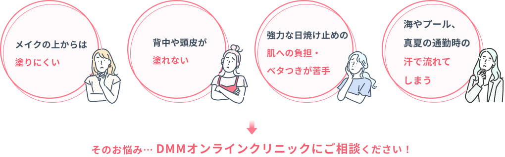 メイクの上からは塗りにくい 背中や頭皮が塗れない 強力な日焼け止めの肌への負担・ベタつきが苦手 海やプール、真夏の通勤時の汗で流れてしまう そのお悩み...DMMオンラインクリニックにご相談ください！