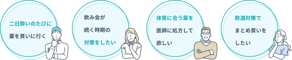 二日酔いのたびに薬を買いに行く 飲み会が続く時期の対策をしたい 体質に合う薬を医師に処方して欲しい 飲酒対策でまとめ買いをしたい