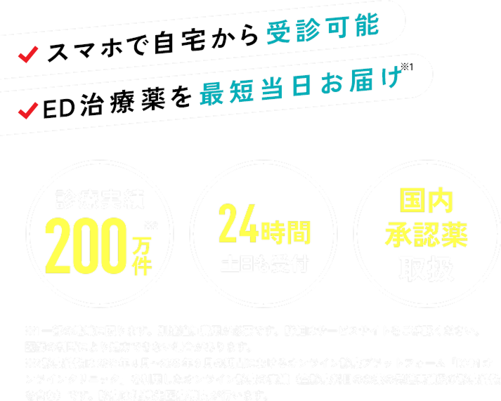 スマホで自宅から受診可能 ED治療薬を最短当日お届け※1 一部の地域に限ります。別途追加費用が必要です。詳細はサービスサイをご確認ください。
医師の判断により処方できない場合があります。※2 診療件数は2022年4月〜2025年9月の期間におけるオンライン診療プラットフォーム「DMMオンラインクリニック」を利用したオンライン診療の実績(全診療科目のお薬の発送実績および診療件数を含む)です。※診療は提携先医療機関が行います。※公的医療保険が適用されない自由診療です。