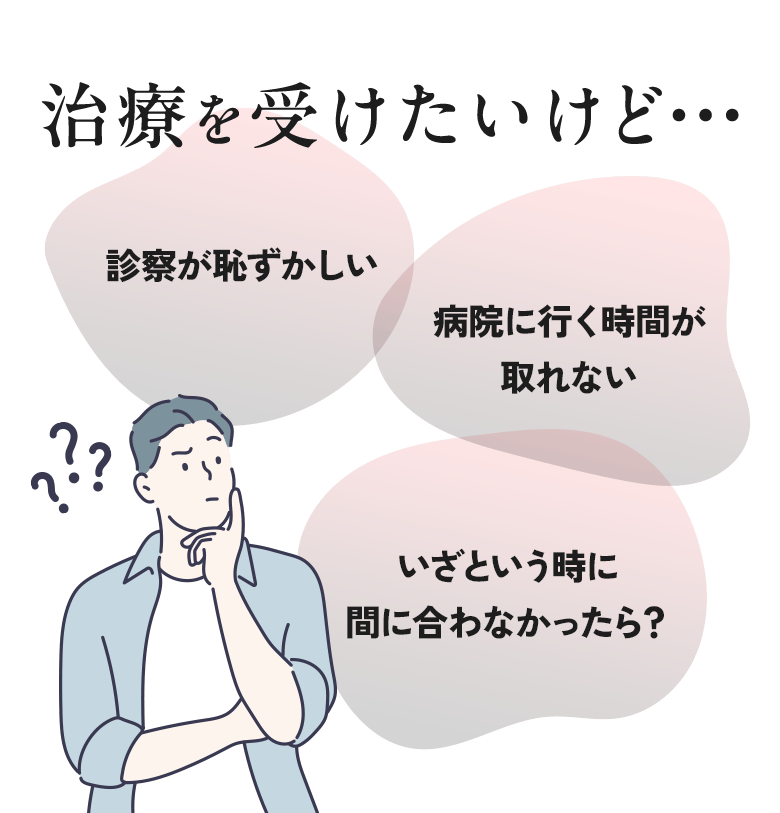 治療を受けたいけど・・・診察が恥ずかしい 病院に行く時間が取れない いざという時に間に合わなかったら?
