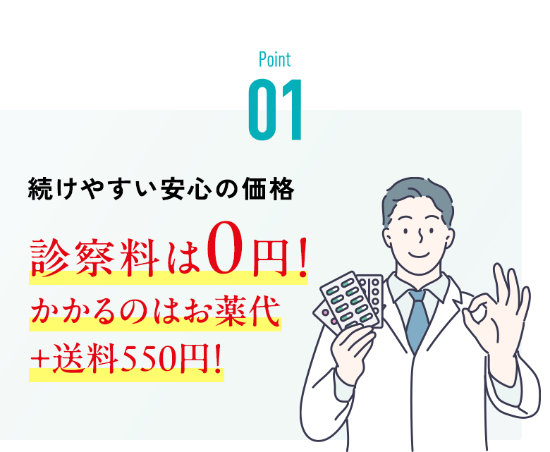 続けやすい安心の価格 診察料は0円! かかるのはお薬代+送料550円!