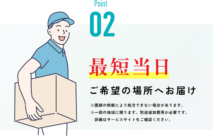 最短当日 ご希望の場所へお届け ※医師の判断により処方できない場合があります。