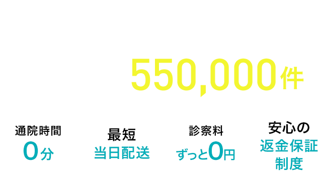 DMMオンラインクリニックならproduced by 医療法人社団dmh 診療実績550,000件 通院時間0分 最短当日配送 診察料ずっと0円 安心の返金保証制度