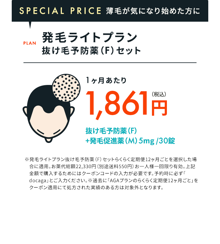 薄毛が気になり始めた方に：発毛ライトプラン（F） 月額1,861円