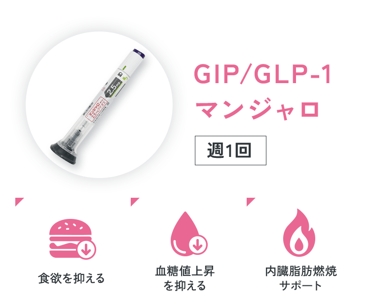 GIP/GLP-1 マンジャロ 週1回 食欲を抑える、血糖値上昇を抑える、内臓脂肪燃焼サポート
