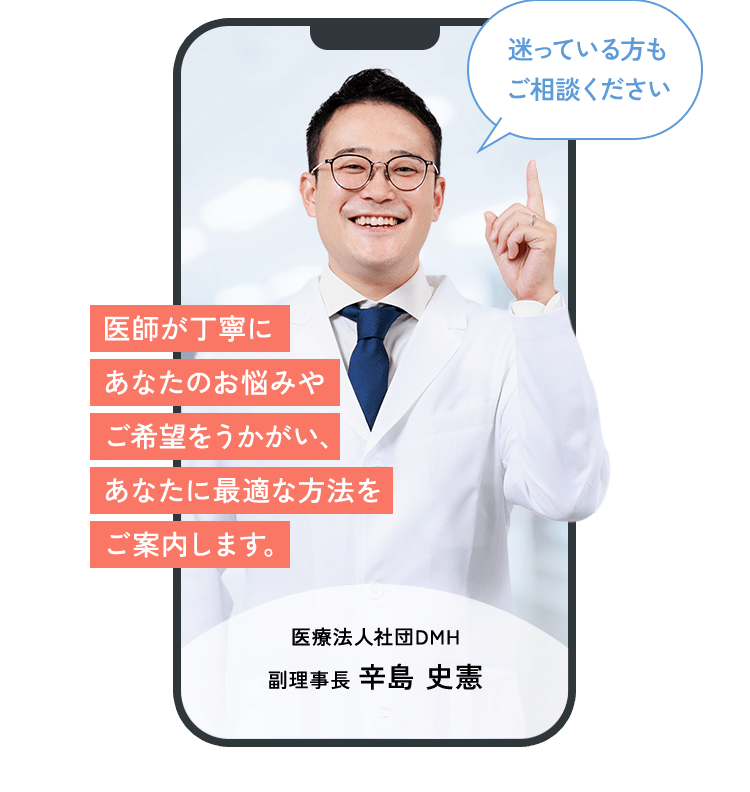 迷っている方もご相談ください 医師が丁寧に あなたのお悩みや ご希望をうかがい、 あなたに最適な方法を ご案内します。