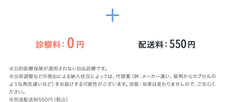診察料：0円 配送料：550円　※公的医療保険が適用されない自由診療です。※出荷調整など理由による納入状況によっては、代替案（例：メーカー違い、錠剤からカプセルのような剤形違いなど）をお届けする可能性がございます。予めご了承ください。※価格は全て税込です。
