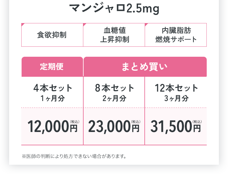 ■マンジャロ 2.5mg 食欲抑制 血糖値上昇抑制 内臓脂肪燃焼サポート まとめ買い 4本セット 1ヶ月分12,000円税込 8本セット 2ヶ月分23,000円 税込 12本セット 3ヶ月分31,500円税込 ※マンジャロが含まれるプランを選択した場合に適用となります。お一人様1回限り有効。※医師の判断により処方できない場合があります。※上記金額で購入するためにはクーポンコードの入力が必要です。予約時に必ず「dietmounjaro」とご入力ください。