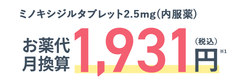 ミノキシジルタブレット2.5mg(内服薬) 月額 1,931円(税込)※1 ※出荷調整等の理由による納入状況によっては、代替案(例:メーカー違い、錠剤からカプセルのような剤形違い)をお届けする可能性がございます。