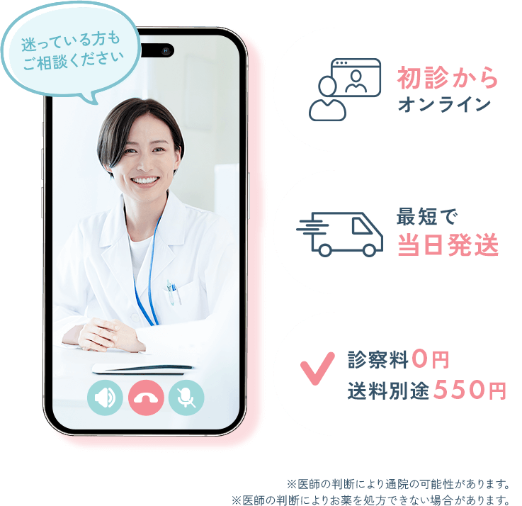 初診からオンライン 最短で当日発送 診察料0円送料別途550円※医師の判断により通の可能性があります。※医師の判断によりお薬を処方できない場合があります。