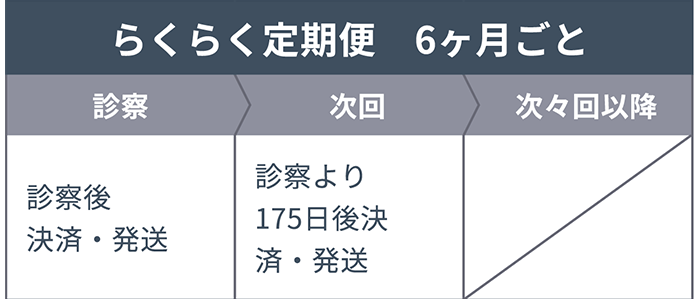 【らくらく定期便 6ヶ月ごと】診察:診察後 決済・発送 次回:診察より175日後 決済・発送 次々回以降:-