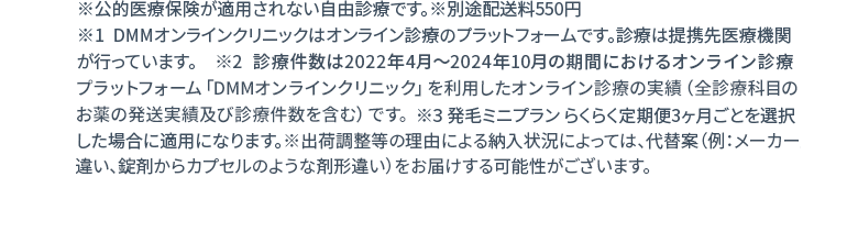 ※公的医療保険が適用されない自由診療です。※別途配送料550円 ※1 DMMオンラインクリニックはオンライン診療のプラットフォームです。診療は提携先医療機関が行っています。 ※2 診療件数は2022年4月〜2024年2月の期間におけるオンライン診療受診サービス「DMMオンラインクリニック」を利用したオンライン診療の実績（お薬の発送実績を含む） ※3 発毛ミニプラン らくらく定期便3ヶ月ごとを選択した場合に適用になります。