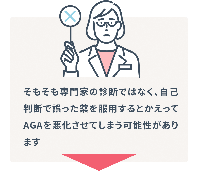 そもそも専門家の診断ではなく、自己判断で誤った薬を服用するとかえってAGAを悪化させてしまう可能性があります