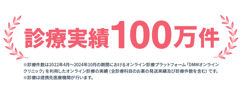 診療実績55万件 ※診療件数は2022年4月〜2024年2月の期間におけるオンライン診療受診サービス「DMMオンラインクリニック」を利用したオンライン診療の実績（お薬の発送実績を含む）