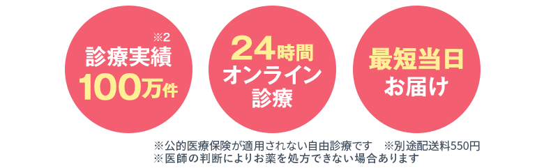 診療実績55万件※2・診察料ずっと0円・最短当日お届け・返金保証制度あり／※　※公的医療保険が適用されない自由診療です　※別途配送料550円