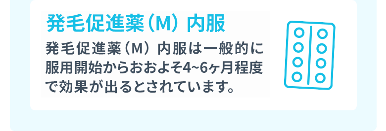 ミノキシジル内服：ミノキシジル内服は一般的に服用開始からおおよそ4〜6ヶ月程度で効果が出るとされています。