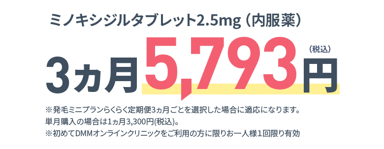 ミノキシジルタブレット2.5mg（内服薬） 3ヵ月 5,793円（税込）※発毛ミニプランらくらく定期便3ヵ月ごとを選択した場合に適応になります。単月購入の場合は1ヵ月3,300円(税込)。※出荷調整等の理由による納入状況によっては、代替案（例：メーカー違い、錠剤からカプセルのような剤形違い）をお届けする可能性がございます。