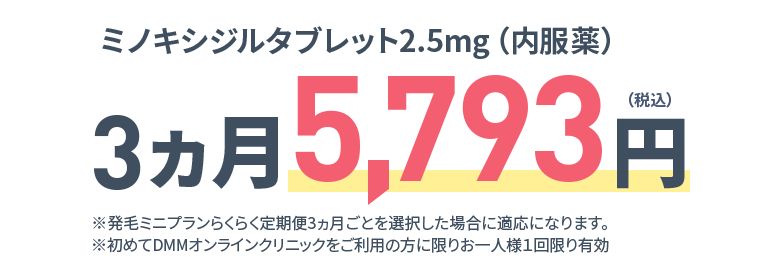 ミノキシジルタブレット2.5mg（内服薬） 3ヵ月 5,793円（税込）※発毛ミニプランらくらく定期便3ヵ月ごとを選択した場合に適応になります。単月購入の場合は1ヵ月3,300円(税込)。※出荷調整等の理由による納入状況によっては、代替案（例：メーカー違い、錠剤からカプセルのような剤形違い）をお届けする可能性がございます。