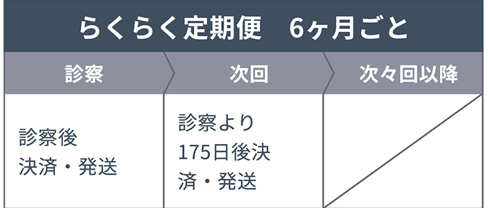 【らくらく定期便 6ヶ月ごと】診察：診察後 決済・発送 次回：診察より175日後 決済・発送 次々回以降：-