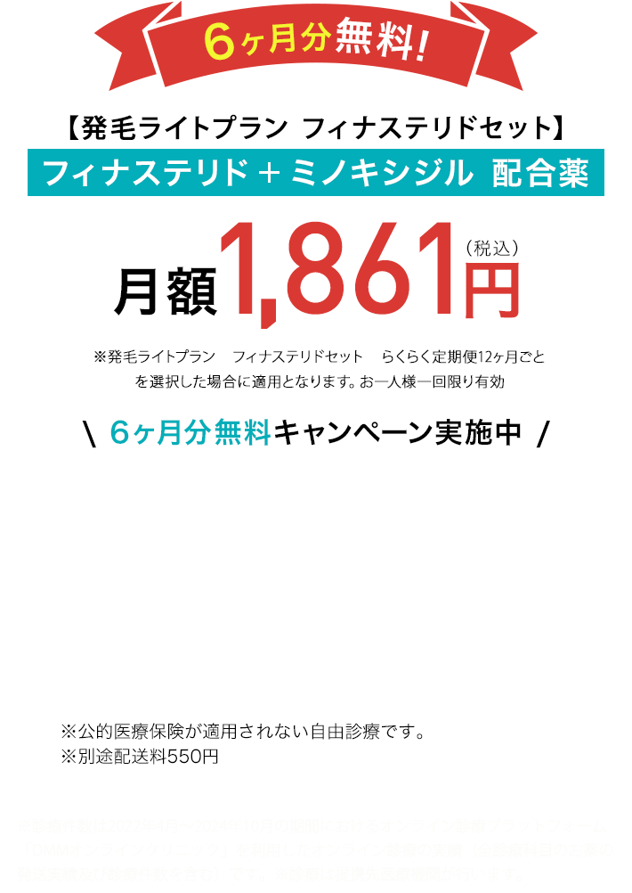 6ヶ月分無料!【発毛ライトプラン】フィナステリド+ミノキシジル 配合薬5mg 月額1,861円(税込)※フィナステリド+ミノキ5mg発毛ライトプランフィナステリド1.0mg+ミノキシジル5mg+Zinc1mg/30錠 らくらく定期便12ヵ月ごとを選択した場合に適用となります。\ 6ヶ月分無料キャンペーン実施中 / ※公的医療保険が適用されない自由診療です。
						※別途配送料550円 ※1 DMMオンラインクリニックはオンライン診療のプラットフォームです。診療は提携先医療機関が行っています。