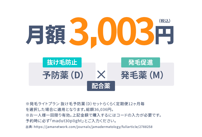 月額3,003円（税込） 抜け毛防止：デュタテリド 30％OFF ※らくらく定期便12ヶ月毎を選択した場合に適用となります。