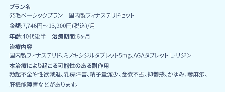 プラン名 国内製フィナステリド+ミノキ5mg発毛ベーシックプラン 金額:7,746円〜13,200円(税込)/月 年齢:40代後半　治療期間:6ヶ月 治療内容 国内製フィナステリド錠1mg、ミノキシジルタブレット5mg、L-リジン 本治療により起こる可能性のある副作用 勃起不全や性欲減退、乳房障害、精子量減少、食欲不振、抑鬱感、かゆみ、蕁麻疹、肝機能障害などがあります。