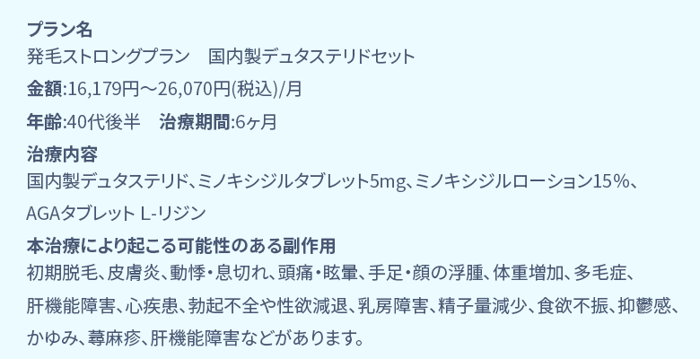 プラン名 国内製デュタステリド+ミノキ5mg発毛集中プラン 金額:16,179円〜26,070円(税込)/月 年齢:40代後半　治療期間:6ヶ月 治療内容 国内製デュタステリド錠0.5mg、ミノキシジルタブレット5mg、フォリックス15%、L-リジン 本治療により起こる可能性のある副作用 初期脱毛、皮膚炎、動悸・息切れ、頭痛・眩暈、手足・顔の浮腫、体重増加、多毛症、肝機能障害、心疾患、勃起不全や性欲減退、乳房障害、精子量減少、食欲不振、抑鬱感、かゆみ、蕁麻疹、肝機能障害などがあります。