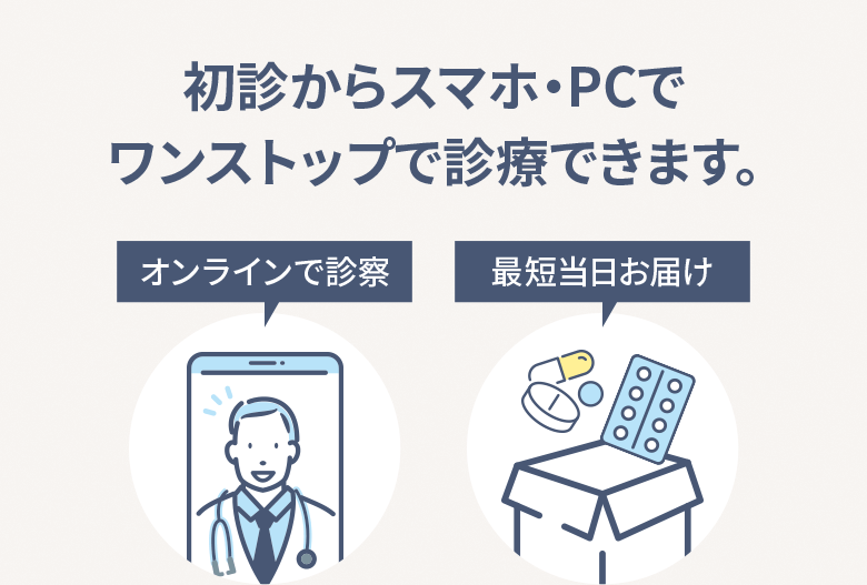 初診からスマホ・PCで ワンストップで診療できます。オンラインで診察・最短当日お届け