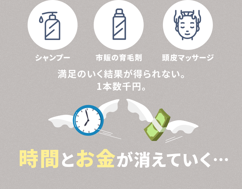 シャンプー、市販の育毛剤、頭皮マッサージ：満足のいく結果が得られない。1本数千円。時間とお金が消えていく…