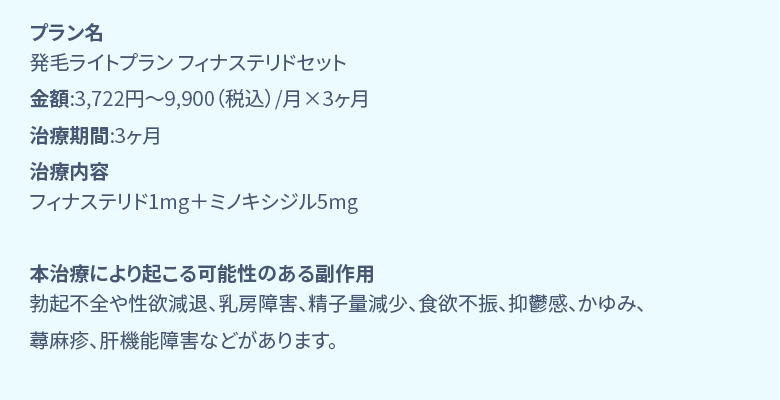 プラン名 国内製フィナステリド+ミノキ5mg発毛ベーシックプラン 金額:7,746円〜13,200円(税込)/月 年齢:40代後半　治療期間:6ヶ月 治療内容 国内製フィナステリド錠1mg、ミノキシジルタブレット5mg、L-リジン 本治療により起こる可能性のある副作用 勃起不全や性欲減退、乳房障害、精子量減少、食欲不振、抑鬱感、かゆみ、蕁麻疹、肝機能障害などがあります。