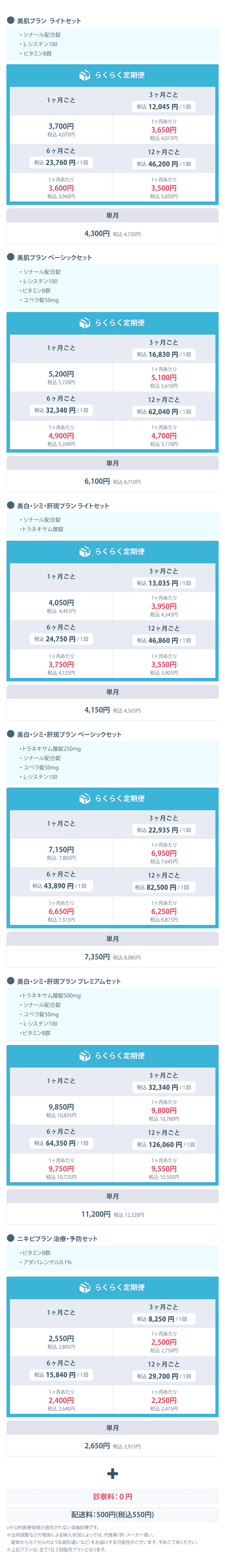 美肌プランライトセット/ 美肌プランベーシックセット / 美白・シミ・肝斑プランライトセット / 美白・シミ・肝斑プランベーシックセット / 美白・シミ・肝斑プレミアムセット / ニキビプラン治療・予防セット 