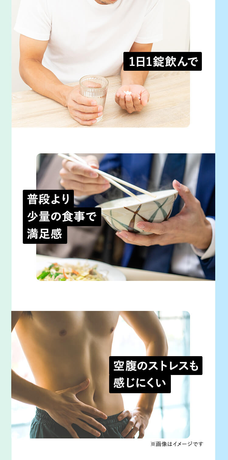 1日1錠飲んで普段より少量の食事で満足感空腹のストレスも感じにくい