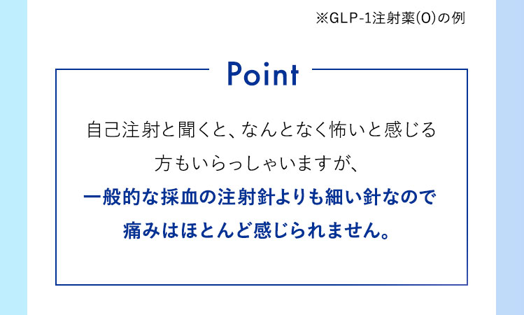 自己注射と聞くと、なんとなく怖いと感じる方もいらっしゃいますが、一般的な採血の注射針のおよそ1/4程度の太さで、痛みはほとんど感じられません。