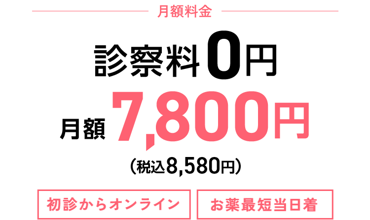 月額7,800円(税込8,580円)  初診からオンライン お薬最短当日着