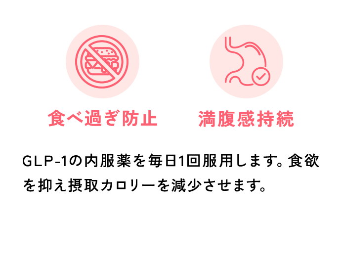 食べ過ぎ防止・満腹感持続 GLP-1の内服薬を毎日1回服用します。食欲を抑え摂取カロリーを減少させます。