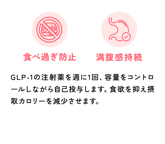 食べ過ぎ防止・満腹感持続 GLP-1の注射薬を週に1回、容量をコントロールしながら自己投与します。食欲を抑え摂取カロリーを減少させます。