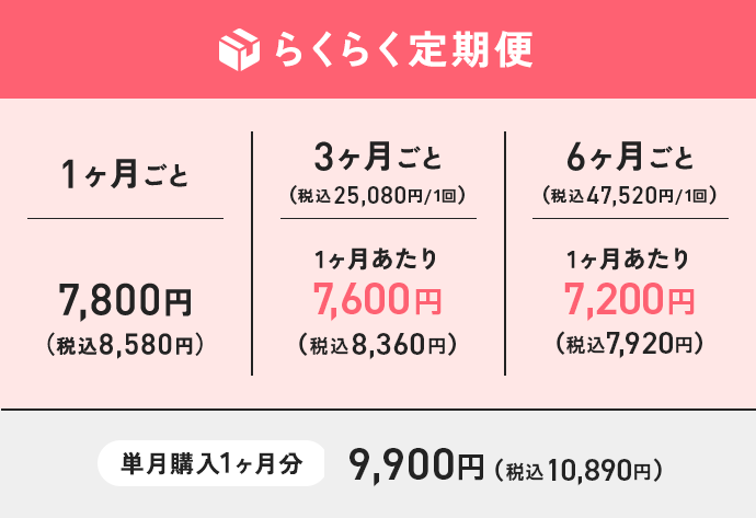 【らくらく定期便】1ヶ月ごと7,800円（税込8,580円）／3ヶ月ごと（税込25,080円/1回）1ヶ月あたり7,600円（税込8,360円）／6ヶ月ごと（税込47,520円/1回）1ヶ月あたり7,200円（税込7,920円）／単月購入1ヶ月分9,900円（税込10,890円）