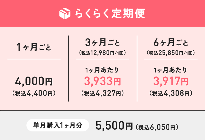 【らくらく定期便】1ヶ月ごと4,000円（税込4,400円）／3ヶ月ごと（税込12,980円/1回）1ヶ月あたり3,933円（税込4,327円）／6ヶ月ごと（税込25,850円/1回）1ヶ月あたり3,917円（税込4,308円）／単月購入1ヶ月分5,500円（税込6,050円）