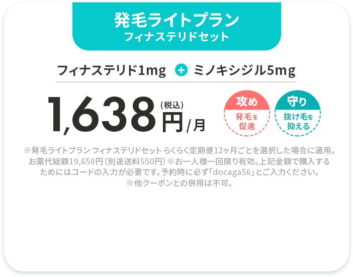 発毛ライトプラン フィナステリドセット 
				フィナステリド1mg+ミノキシジル5mg 
				(税込)1,638円/月 
				※発毛ライトプランフィナステリドセットらくらく定期便12ヶ月ごとを選択した場合に適用。お薬代総額19,650円（別途送料550円）
				※お一人様一回限り有効。上記金額で購入するためにはコードの入力が必要です。予約時に必ず「docaga56」とご入力ください。※他クーポンとの併用は不可。
