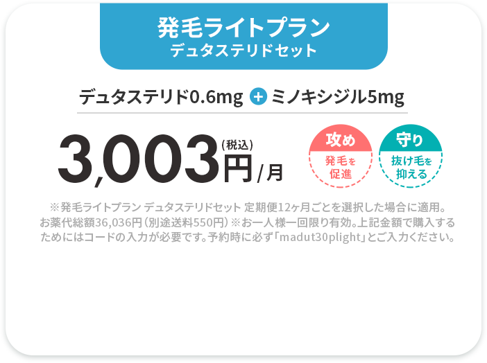 発毛ライトプラン デュタステリドセット 
					デュタステリド0.6mg+ミノキシジル5mg 
					(税込)3,003円/月 
					※発毛ライトプランデュタステリドセットらくらく定期便12ヶ月ごとを選択した場合に適用。お薬代総額36,036円（別途送料550円）
					※お一人様一回限り有効。上記金額で購入するためにはクーポンコードの入力が必要です。予約時に必ず「madut30plight」とご入力ください。