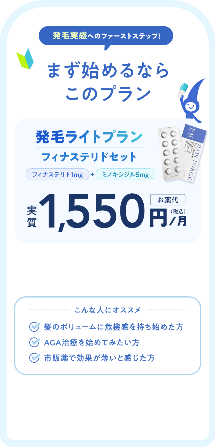 発毛実感へのファーストステップ！ まず始めるならこのプラン 発毛ライトプラン フィナステリドセット フィナステリド1mg+ミノキシジル5mg お薬代実質1,550円/月 こんな人にオススメ 髪のボリュームに危機感を持ち始めた方 AGA治療を始めてみたい方 市販薬で効果が薄いと感じた方