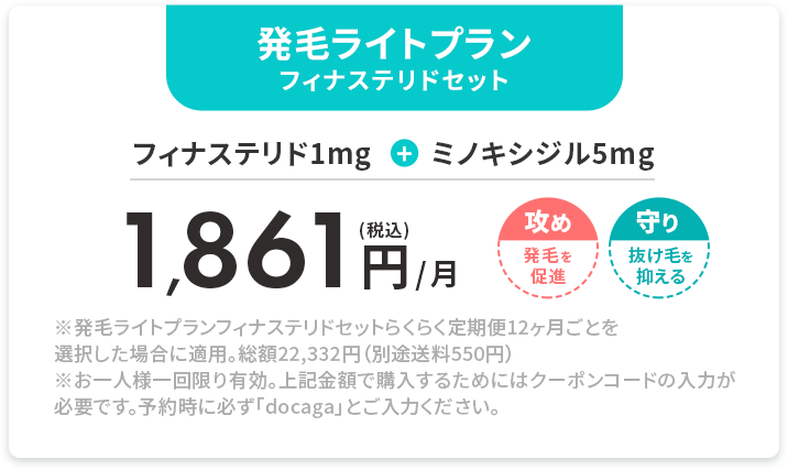 発毛ライトプラン フィナステリドセット 
    (税込)1,861円/月 
	フィナステリド1mg+ミノキシジル5mg
    ※発毛ライトプランフィナステリドセットらくらく定期便12ヶ月ごとを選択した場合に適用。総額22,332円（別途送料550円）
	※お一人様一回限り有効。上記金額で購入するためにはクーポンコードの入力が必要です。予約時に必ず「docaga」とご入力ください。