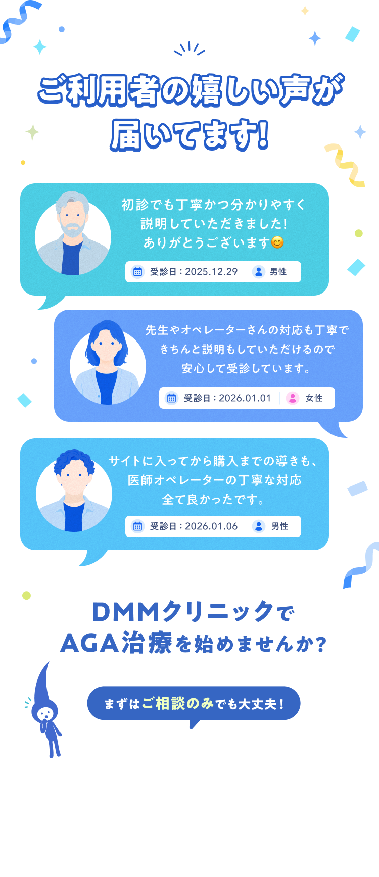 ご利用者の嬉しい声が届いてます！ 医師にもオペレーターの方にも親切に対応頂きました。ありがとうございました
				診察からお会計まで御社はスピーディーなのでそこがすごくいいです。 初めてで不明な点がありましたが、聞く前に説明がありとてもわかりやすかったです。 DMMクリニッククリニックでAGA治療を始めませんか？まずはご相談のみでも大丈夫！