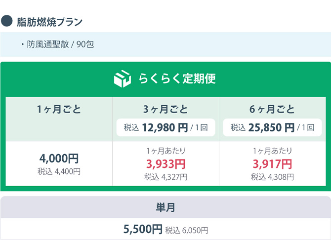 ●脂肪燃焼プラン・防風通聖散/90包
                    らくらく定期便 1ヶ月ごと 4,000円 税込4,400円
                    3ヶ月ごと 税込12,980円/1回 1ヶ月あたり3,933円 税込4,327円
                    6ヶ月ごと 税込25,850円/1回 1ヶ月あたり3,917円 税込4.308円
                    単月 5,500円 税込6,050円