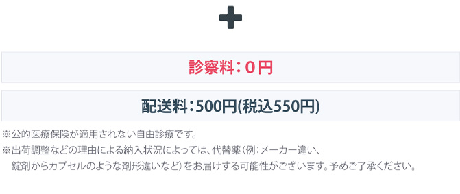 ＋診察料：0円　配送料：500円（税込550円）
                    ※公的医療保険が適用されない自由診療です。
                    ※出荷調整などの理由による納入状況によっては、代替薬 (例:メーカー違い、錠剤からカプセルのような剤形違いなど)をお届けする可能性がございます。
                    予めご了承ください。