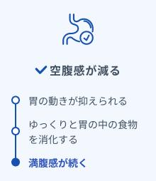 空腹感が減る ・胃の動きが抑えられる・ゆっくりと胃の中の食物を消化する・満腹感が続く