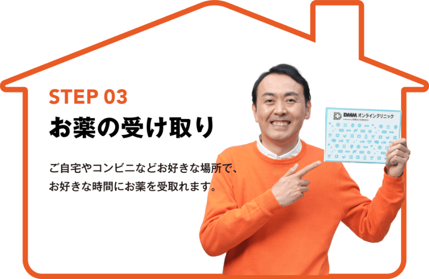 STEP03 お薬の受け取り ご自宅やコンビニなどお好きな場所で、お好きな時間にお薬を受け取れます。